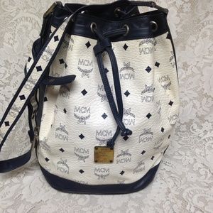 MCM White Mono- Blue Leather Bucket-Drawst…